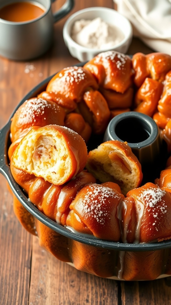 Bread Machine Monkey Bread Recipe Freshly baked monkey bread in a bundt pan, drizzled with glaze and dusted with powdered sugar, on a rustic table.